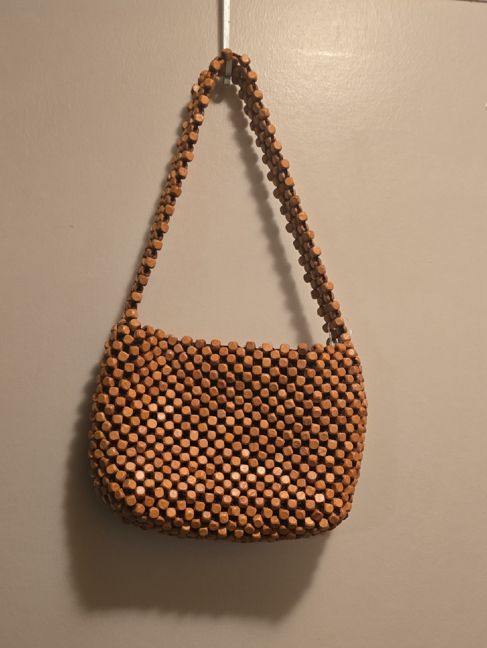 The Sak Handcrafted Wooden Bead Shoulder Bag in Natural Brown